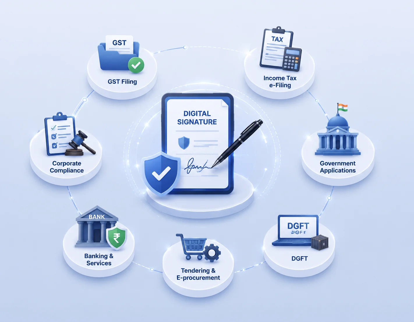 Digital Signature use cases: GST filing, Income Tax e-filing, Government applications, DGFT, Tendering, Banking, Corporate compliance