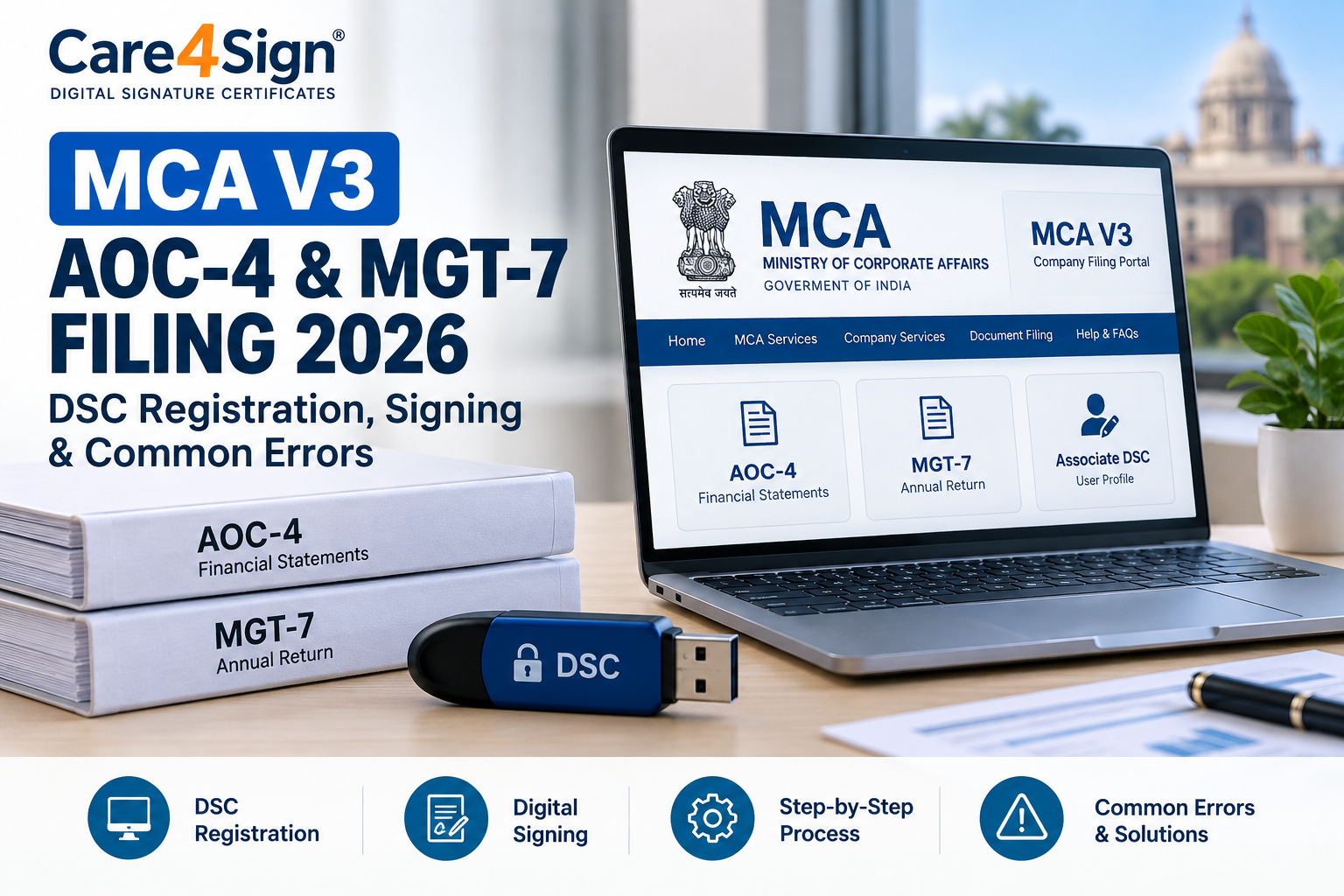 MCA V3 AOC-4 & MGT-7 Filing 2026: DSC Registration, Signing & Common Errors